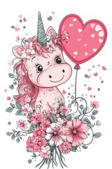 Valentine day card with cute unicorn holding bouquet of flowers and red balloon in heart shape on white background