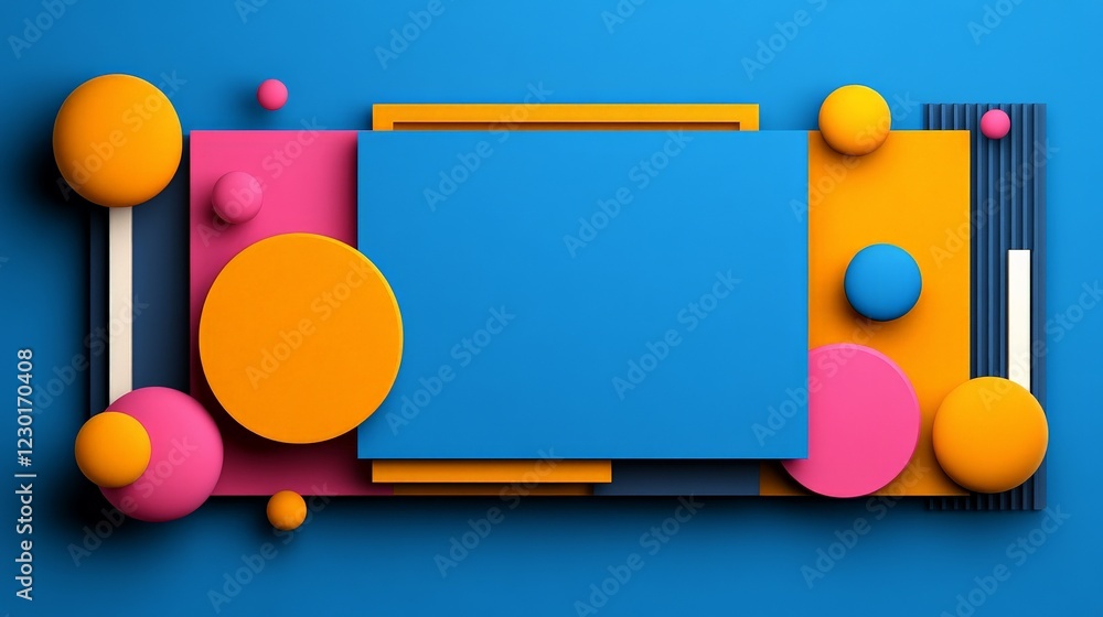 Poster vibrant abstract composition: a playful arrangement of colorful spheres and geometric shapes against