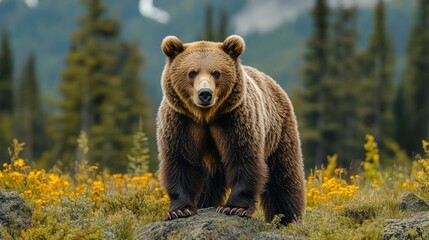Fototapeta premium A majestic brown bear stands on a rock in a meadow with yellow flowers and a forest background