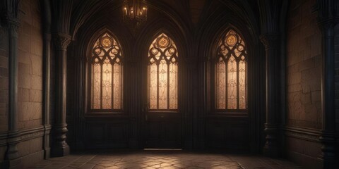 Obraz premium richly detailed gothic entranceway with stained glass windows and soft luminescent glow, richly, gothic