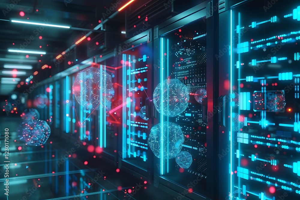 Poster a digital rendering showcases a futuristic server room. glowing blue and red lines illuminate the se