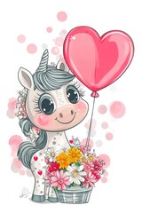 Valentine day card with cute unicorn holding bouquet of flowers and red balloon in heart shape on white background