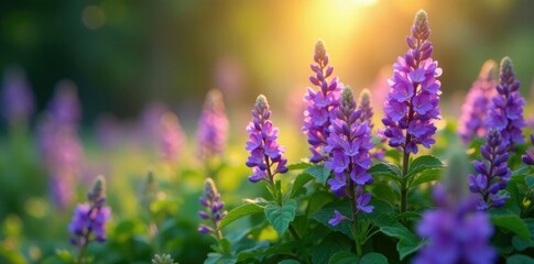 Fototapeta premium stunning clusters of small purple flowers emit a radiant glow in sunlight filtering through leaves, botanical, , purple flowers