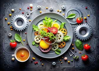 Futuristic Food Photography: Gray Tech Background with Gears & Abstract Gradient Shapes