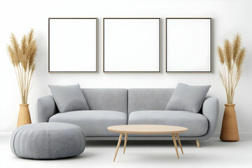 Modern living room with sofa,  frames, pampas