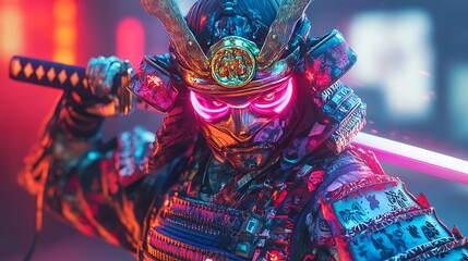Samurai warrior holds sword in city, neon lights background