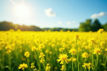 Fototapeta premium Sunny yellow field with rapeseed flowers blooming, bloom, golden, nature