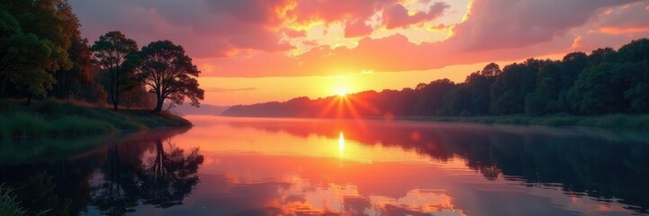 Sunset river landscape with trees reflected on calm water, serene, nature, sky