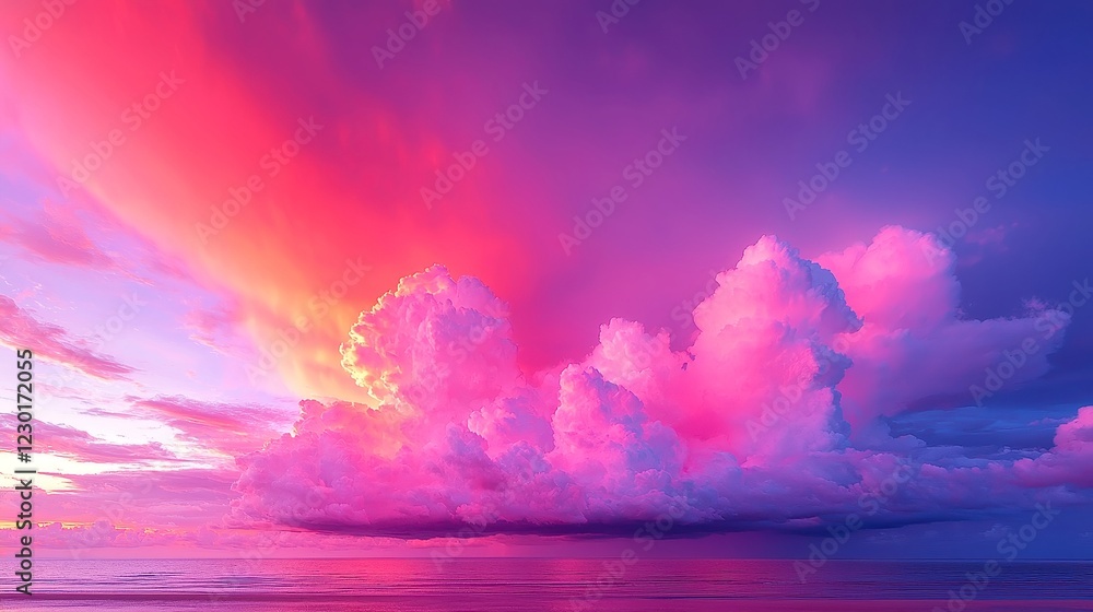 Poster Vibrant Sunset Transformation, Deep reds and purples illuminate the sky as storm clouds disperse, creating a breathtaking display of color and serenity.