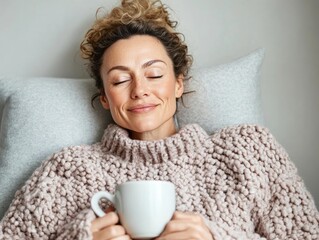 Tranquil Mindfulness Cozy Sweater-Clad Woman Savoring Herbal Tea - Premium Stock for Wellness Blogs and Mental Health Awareness in Modern Lifestyle Initiatives