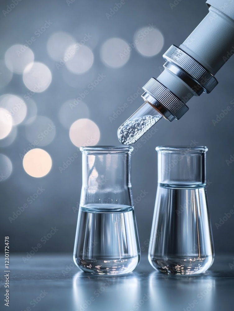 Poster futuristic laboratory precision microscope with glass vials against luminescent bokeh - biotechnolog