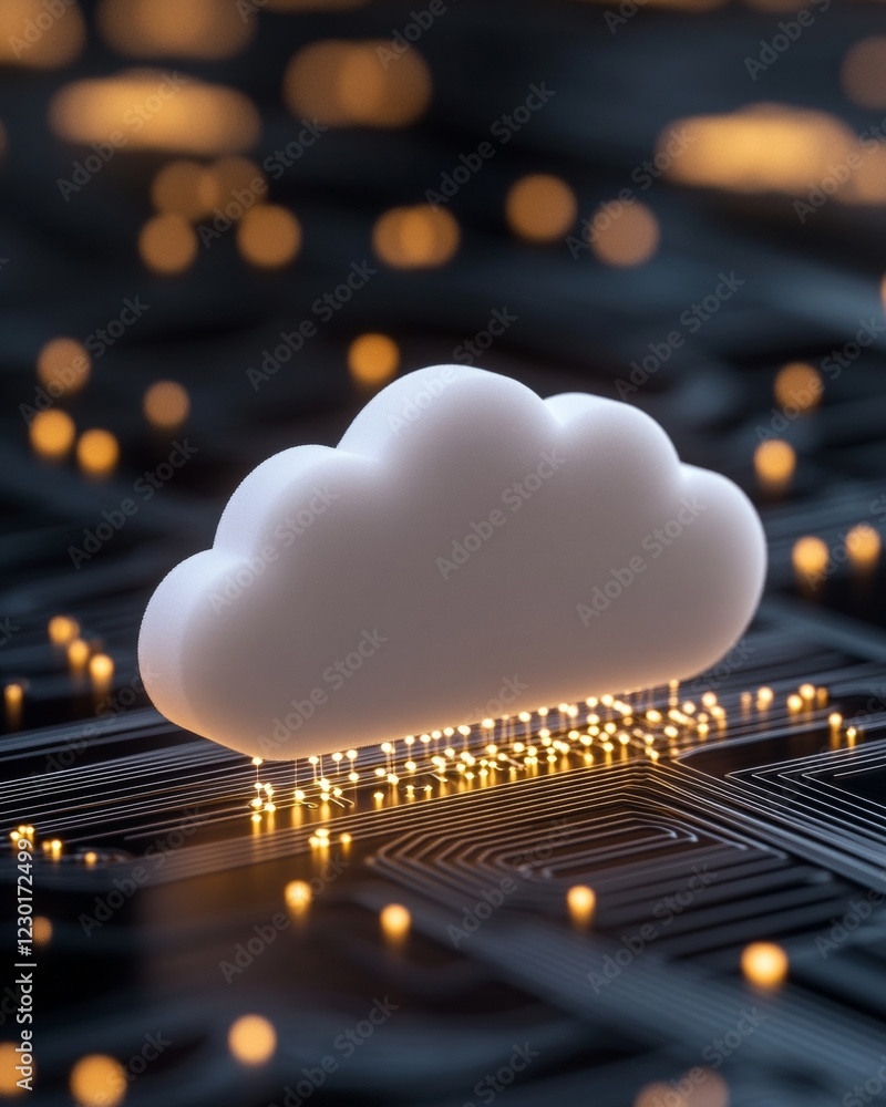 Poster Modern Cloud Computing Visual Sleek Digital Cloud with Illuminated Data Pathways - Network Infrastructure for Tech-Driven Business Solutions and Remote Storage Efficiency