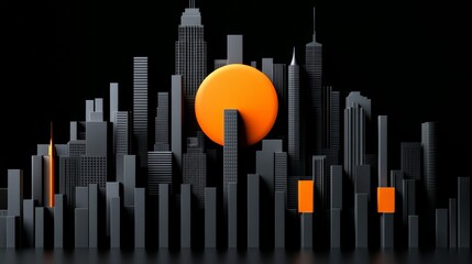 Urban Sunrise: A minimalist cityscape silhouette with a large, vibrant orange sun rising over the horizon.  The  bold, geometric shapes create a sense of modern, clean lines.