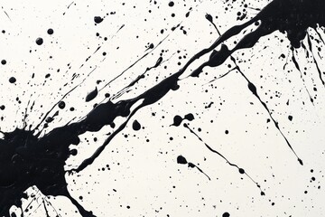 Abstract black ink splatters and streaks on white background.