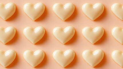 Charming seamless pattern of glossy cream hearts on soft peach background, perfect for romantic themes, valentine's day designs, and creative projects