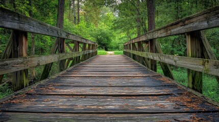 Fototapeta premium Rustic Wooden Bridge Leading into a Lush Green Forest