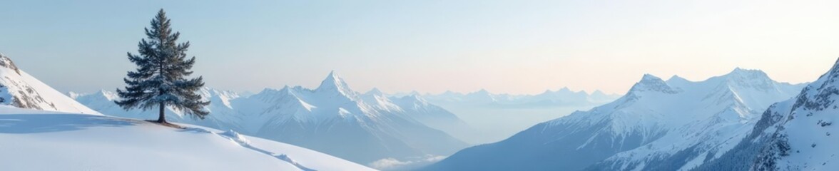 Obraz premium A lone pine tree stretches towards the grey sky amidst snowy peaks, calm, stillness, peaks