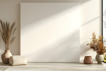Minimalist room, blank canvas, sunlight, plants