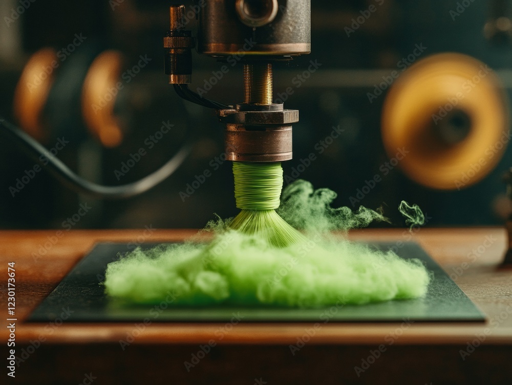 Poster precision filament extrusion close-up of bright green printing for sustainable prototyping in manufa