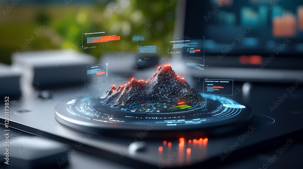 Poster disrupted product lifecycle visualized as glowing data on a digital landscape technology environment