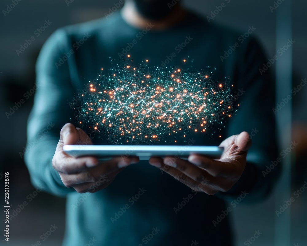 Aufkleber Holographic Data in Modern Workspace Tech-Savvy Avatar with Tablet Displaying Analytics Business Innovation and Networking in Digital Marketing Spaces