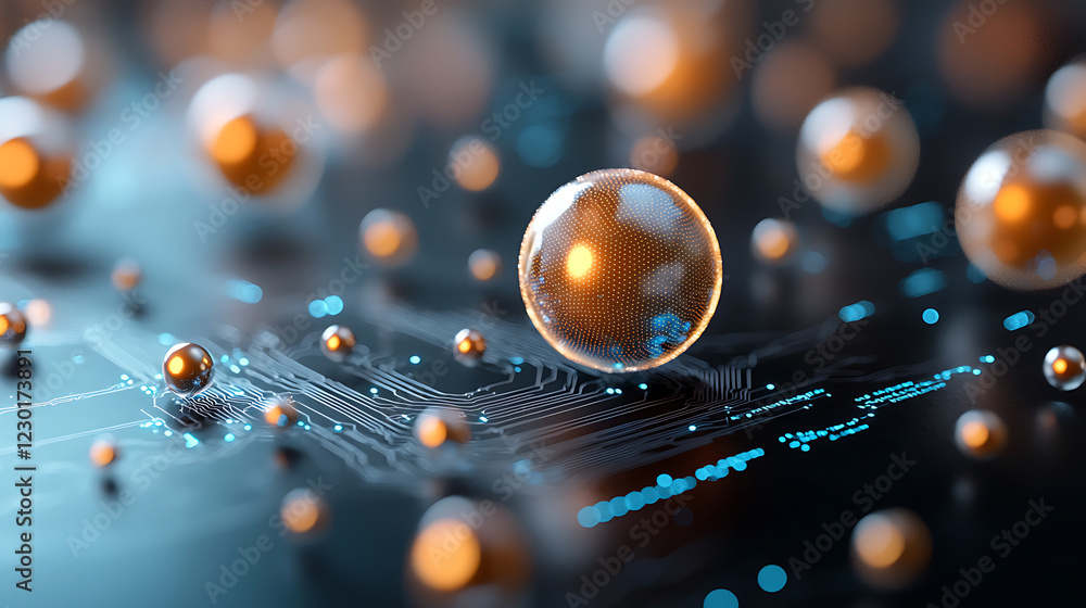 Poster disrupted market map represented by glowing cascading orbs digital environment 3d visualization abst