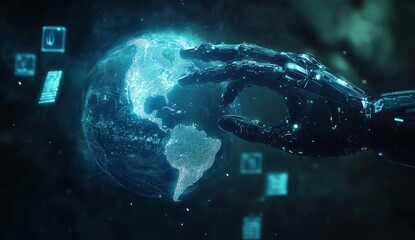 Robotic hand touching digital globe, futuristic interface, data visualization, global network