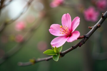 Fototapeta premium A pink flower blooms at the tip of a tree's branch, isolated, tree
