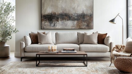Modern Living Room Interior Design with Neutral Tones and Abstract Art