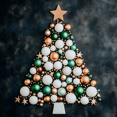 Fototapeta premium Festive Christmas tree ornaments, dark background, holiday card