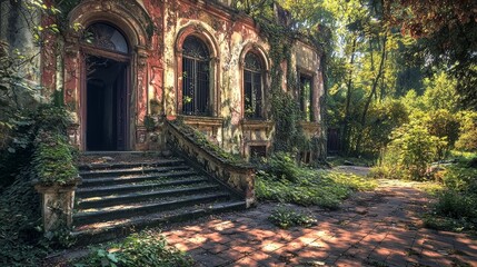 Fototapeta premium Enchanted Overgrown Mansion: A Forgotten Architectural Gem