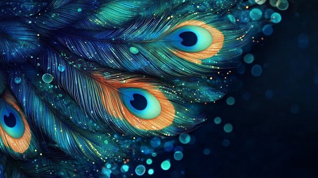 A vector illustration of an intricate peacock feather texture with iridescent blues and greens.