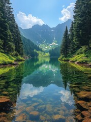 Mountain lake reflection, tranquil summer scene, nature poster