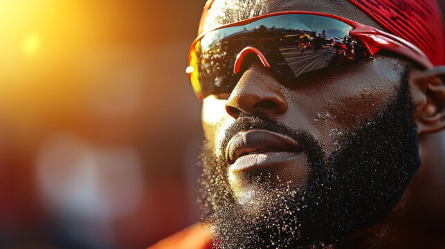 Mid race African American sprinter utilizes carbon fiber running blade prosthetic showcasing remarkable speed and focus on professional track bright sunlight.