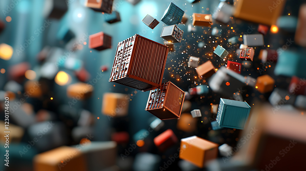 Poster visualizing disruption in traditional supply chains through floating 3d cubes digital representation