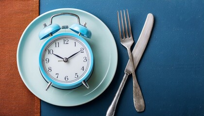 Alarm clock and plate with cutlery . Concept of intermittent fasting, lunchtime, diet and weight loss. Generated image