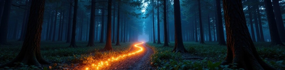 A serpentine light trail of stars winding through the forest canopy, eerie glow, forest canopy