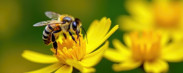 A single blue banded honey bee alights on bright yellow blooms, nature, insect, small creature