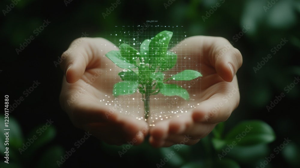 Aufkleber Holographic Sustainability Display Hands Presenting Digital Greenery and Data Interface - Future of Tech in Eco-Friendly Business Innovation and Environmental Analytics