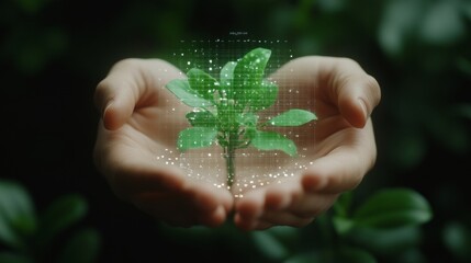 Holographic Sustainability Display Hands Presenting Digital Greenery and Data Interface - Future of Tech in Eco-Friendly Business Innovation and Environmental Analytics