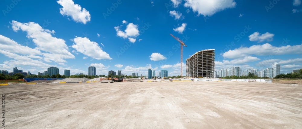 Poster urban development scene empty lot with towering crane and skyline - modern construction planning and