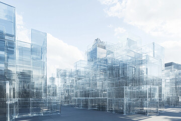 Transparent structures rise against a blue sky, showcasing modern architecture and creativity