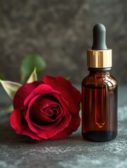 A bottle of essential oil next to a rose