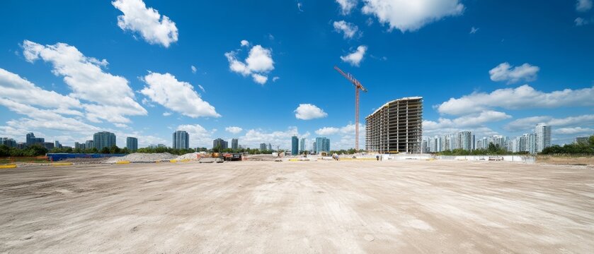 Urban Development Scene Empty Lot with Towering Crane and Skyline - Modern Construction Planning and Responsible Infrastructure for Sustainable City Growth