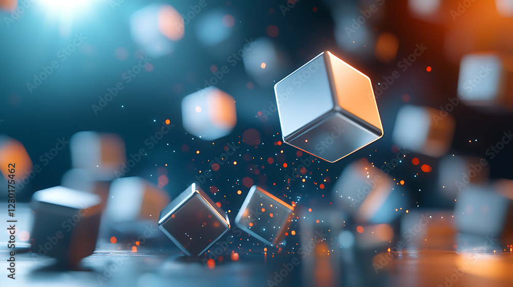 Aufkleber economic disruption illustrated through glowing cascading cubes abstract visual digital environment 