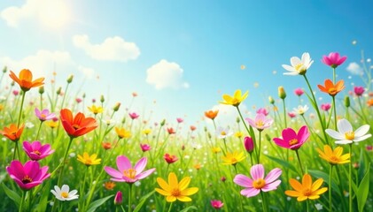 Fototapeta premium Colorful wildflowers swaying gently in a spring breeze, meadow, flowers