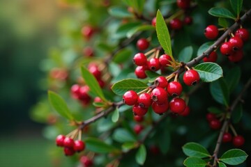 Cranberry red berries on a dense, compact evergreen shrub, plant, shrub, cranberry