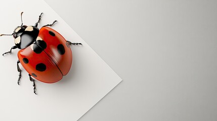 Fototapeta premium A vibrant ladybug with orange and black markings is exploring a smooth white surface under natural light, showcasing its unique features and colors beautifully