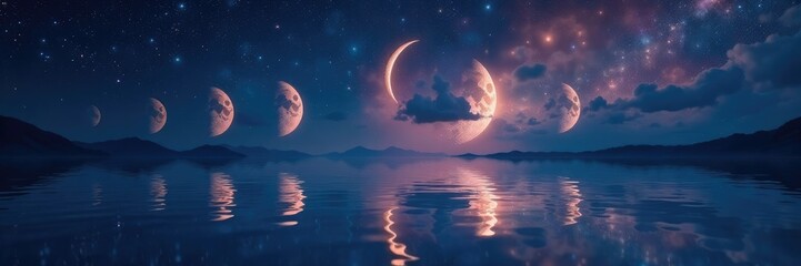 Crescent moon phases reflected in shimmering water, galaxy, water, stars