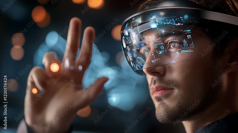Poster entrepreneurs engaging with holographic business simulations virtual workspace digital interaction f